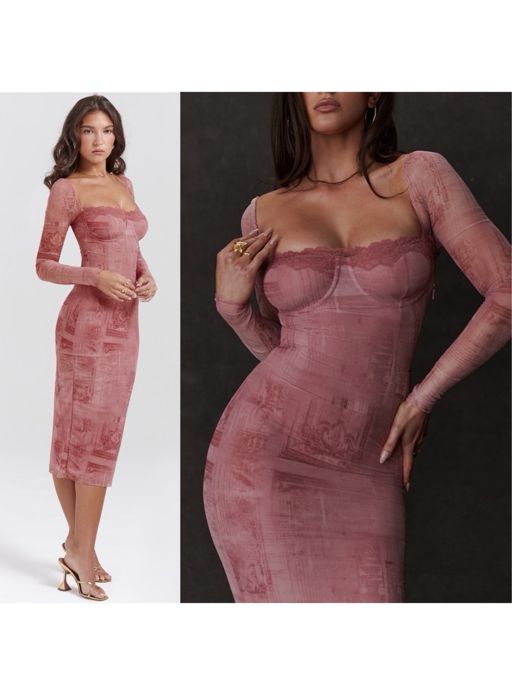 House of CB- Seraphina Pink Print Corset Dress Size Large PLUS CUP Mesh Midi